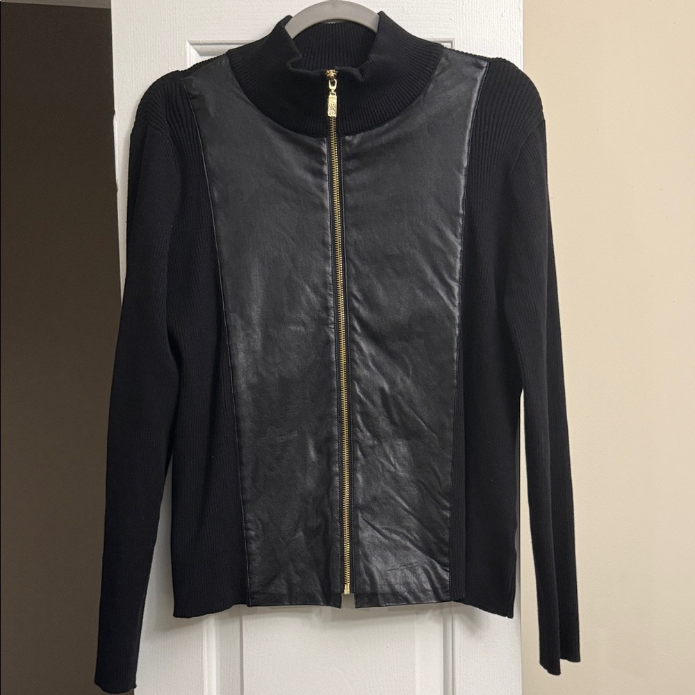 Black Faux Leather Panel Zip-Front Women's Jacket